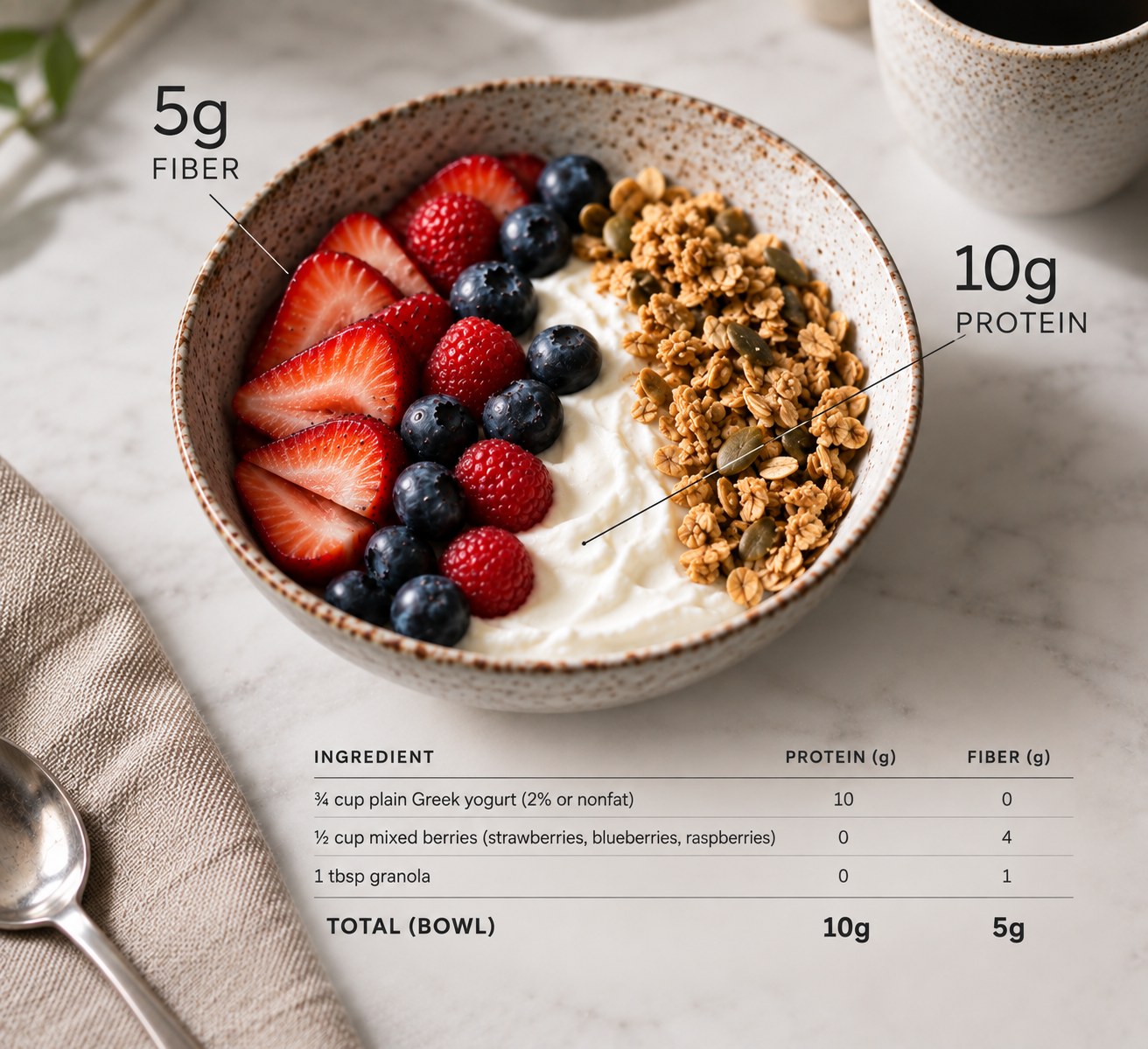 Greek yogurt bowl with berries and granola totaling 10g protein and 5g fiber — the same as one Daypeak scoop
